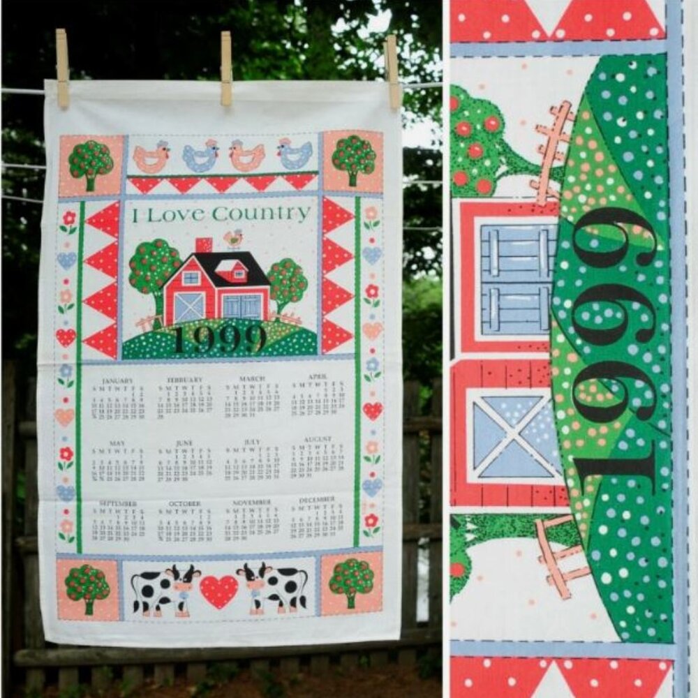 VTG 1999 Calendar Tea Towel 'I Love Country' Barn & Cows Anniversary Birthday